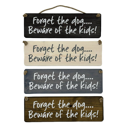 Forget the dog beware of the kids! handmade hanging wood sig