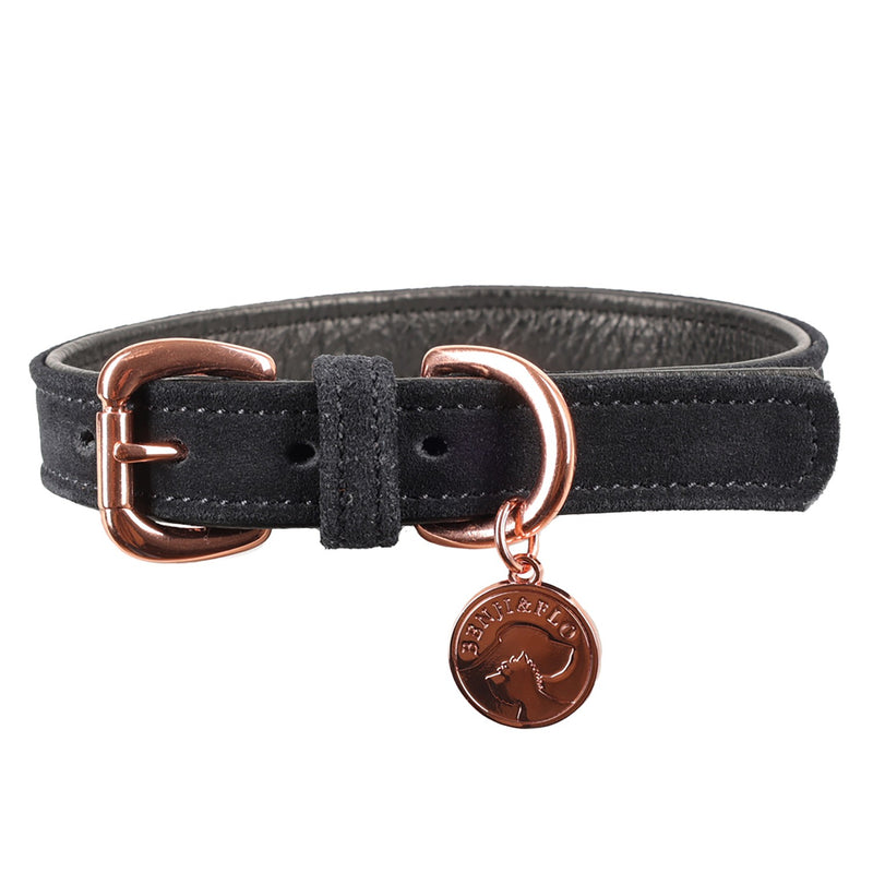 Load image into Gallery viewer, Benji &amp; Flo Noble Suede Dog Collar Navy/Rose Gold
