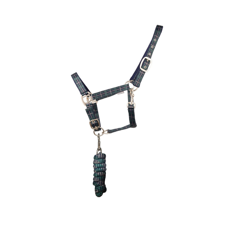 Load image into Gallery viewer, Hy Equestrian Tartan Headcollar With Lead Rope Nvy/Green/Gry
