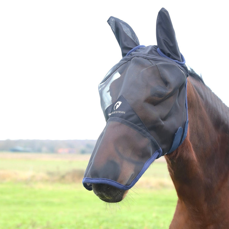 Load image into Gallery viewer, Hy Equestrian Mesh Full Fly Mask Ears/Nose Black/Navy

