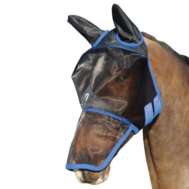 Load image into Gallery viewer, Hy Equestrian Mesh Full Fly Mask Ears/Nose Blk/Palace Blue

