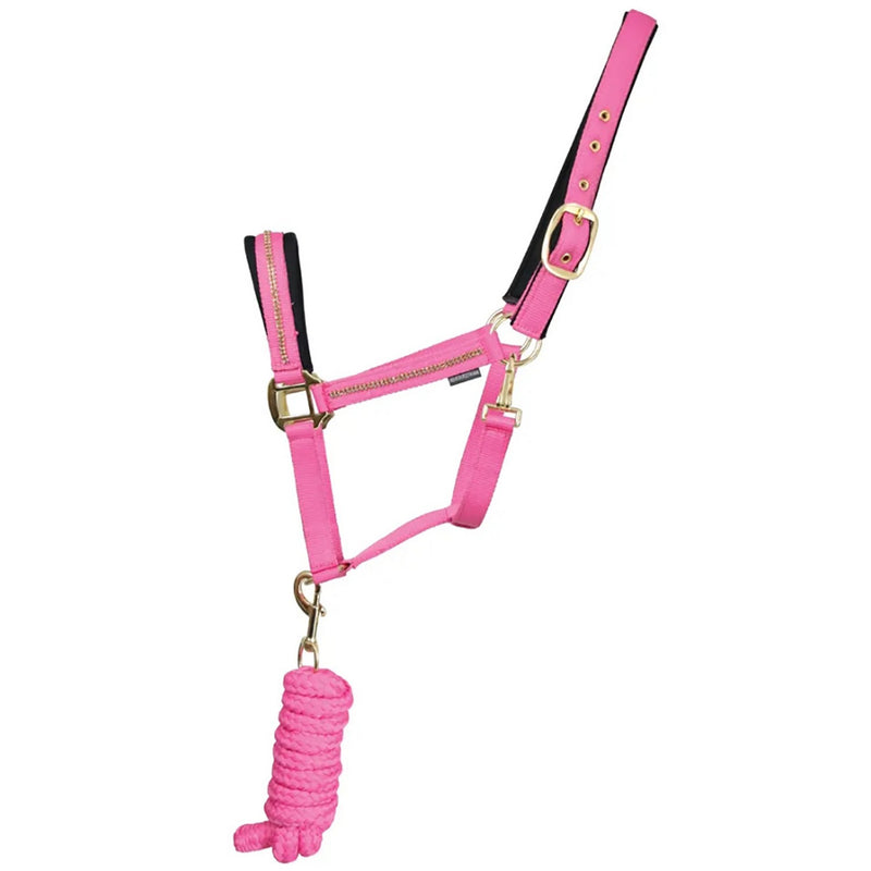 Load image into Gallery viewer, Hy Equestrian Sparkling Headcollar &amp; Lead Rope Pink/Gold
