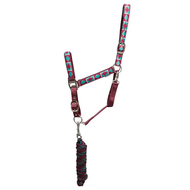Load image into Gallery viewer, Hy Equestrian Woven Polo Headcollar &amp; Lead Rope Aqua/Fig
