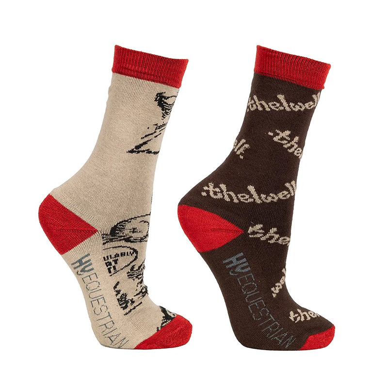 Load image into Gallery viewer, Hy Equestrian Thelwell Comic Chaos Socks Taupe/Red

