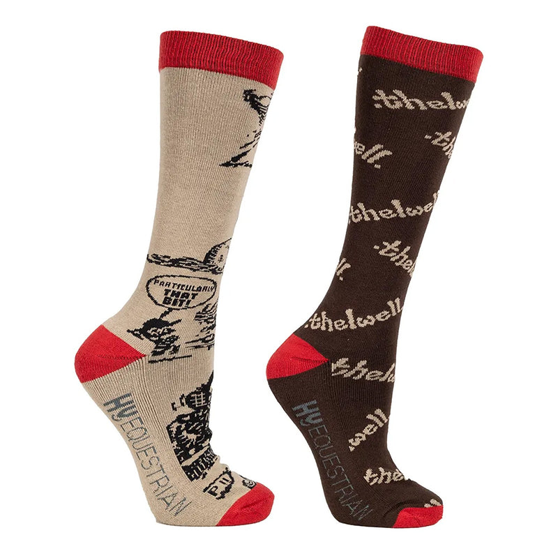 Load image into Gallery viewer, Hy Equestrian Thelwell Comic Chaos Socks Taupe/Red
