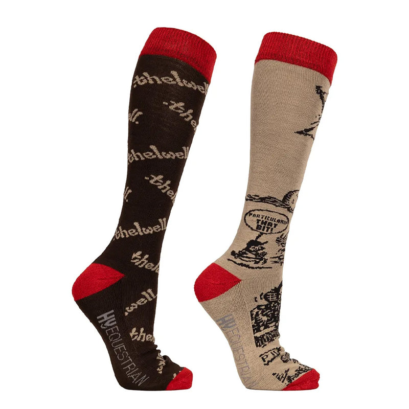 Load image into Gallery viewer, Hy Equestrian Thelwell Comic Chaos Socks Taupe/Red

