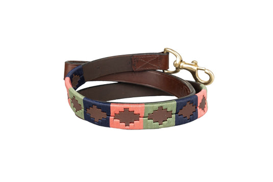 Benji & Flo Sublime Polo Leather Dog Lead - Pink/Navy/Green - 115cm - Ashurst Equestrian & Country