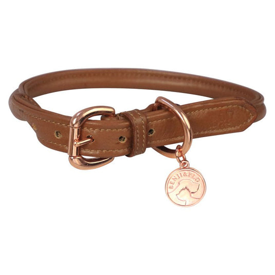 Benji & Flo Superior Rolled Leather Dog Collar Tan/Rose Gold - Ashurst Equestrian & Country