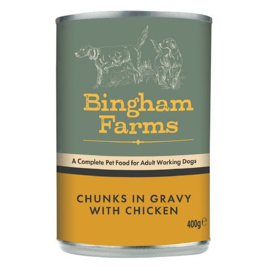 Bingham Farms Complete Adult Dog Food Chunks in Gravy with Chicken 12 x 400g - Ashurst Equestrian & Country