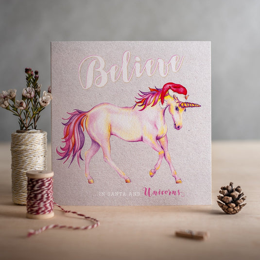 Deckled Edge Christmas Card Believe In Santa & Unicorns - Ashurst Equestrian & Country