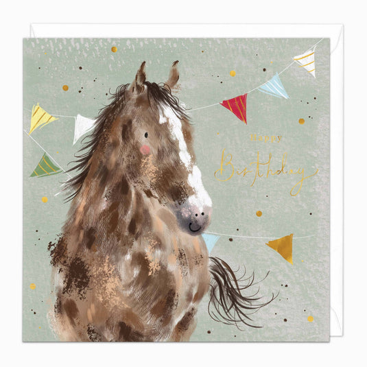 H320 - Horse in the Bunting Birthday Card - Ashurst Equestrian & Country