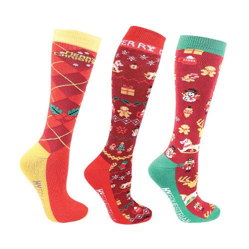 Hy Equestrian Christmas Crossstitch Socks Red/Green/Gold - Ashurst Equestrian & Country