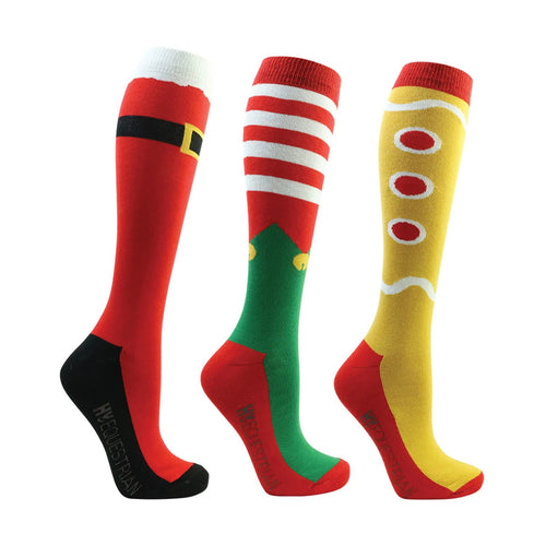 Hy Equestrian Festive Feet Adults Christmas Socks - Pack of 3 - Red - Ashurst Equestrian & Country