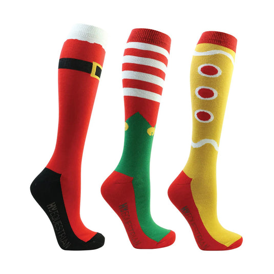 Hy Equestrian Festive Feet Adults Christmas Socks - Pack of 3 - Red - Ashurst Equestrian & Country
