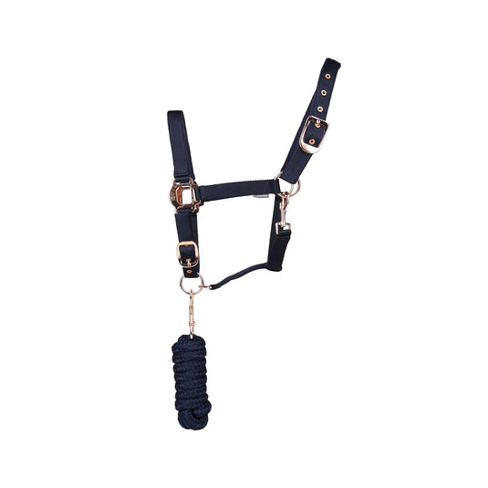 Hy Equestrian Rose Gold Headcollar & Lead Rope Navy/Rose Gol - Ashurst Equestrian & Country
