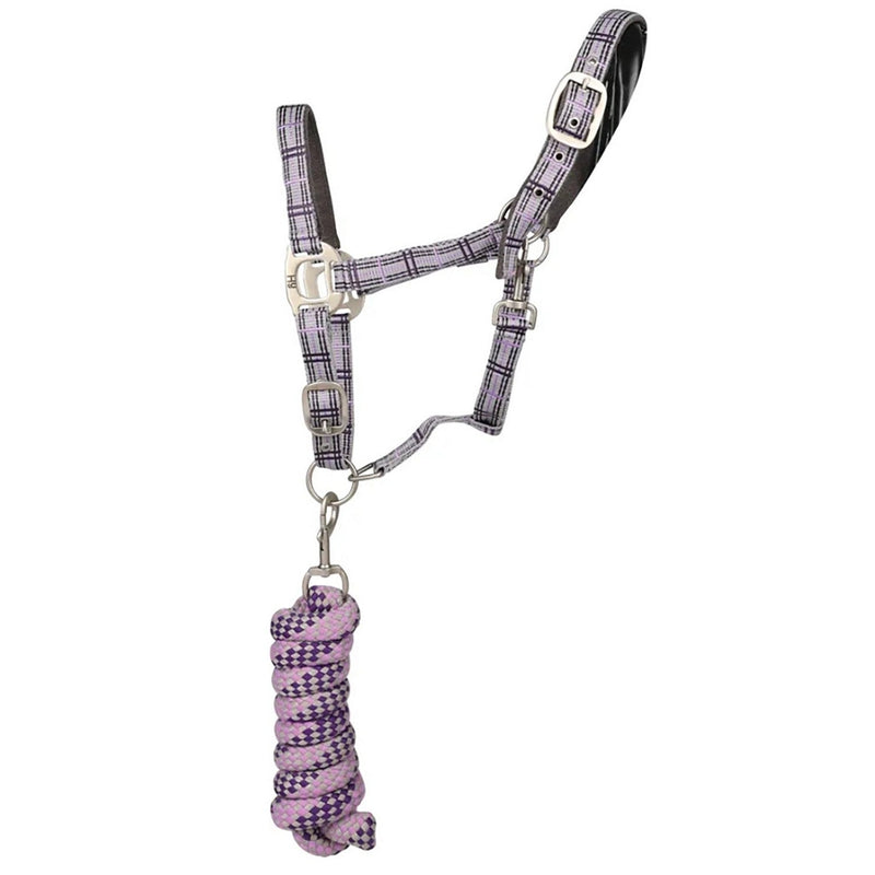 Load image into Gallery viewer, Hy Equestrian Tartan Headcollar With Lead Rope Pur/Gry/Lilac - Ashurst Equestrian &amp; Country

