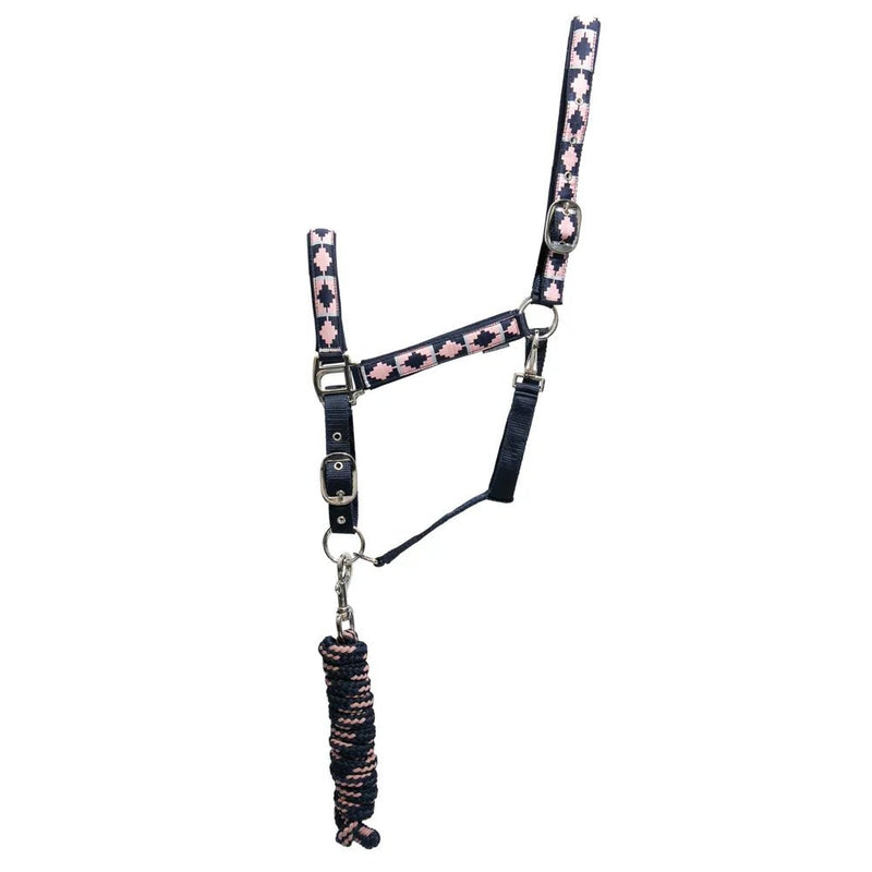 Load image into Gallery viewer, Hy Equestrian Woven Pony Headcollar &amp; Leadrope set - Navy/Rose - Ashurst Equestrian &amp; Country
