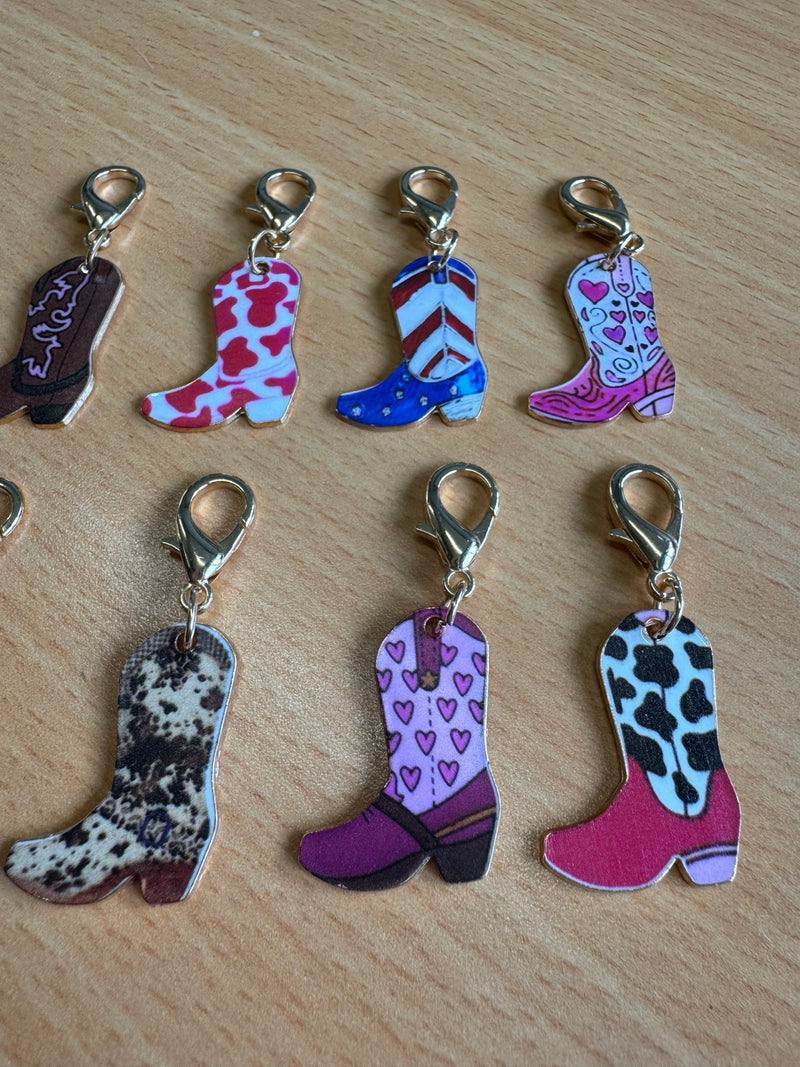 Load image into Gallery viewer, Mini clip-on cowboy boot keyrings in assorted colourful designs, shown upright
