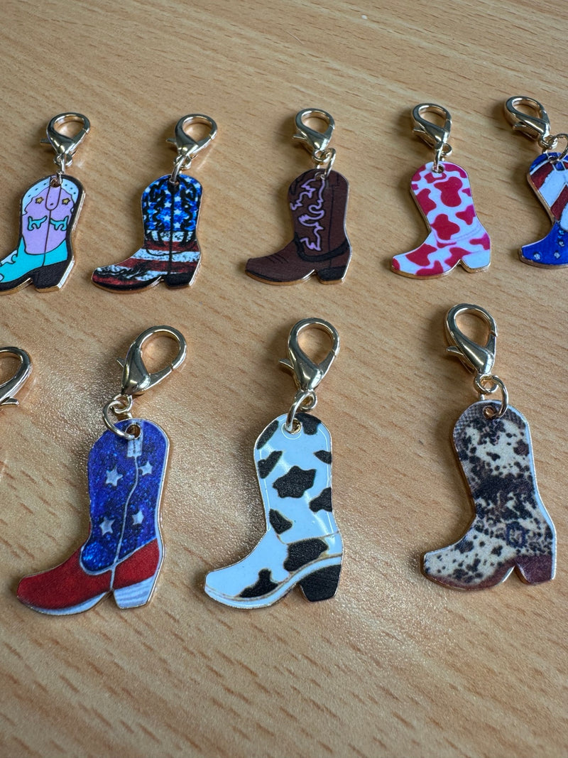 Load image into Gallery viewer, Mini clip-on cowboy boot keyrings in assorted colourful designs, shown upright
