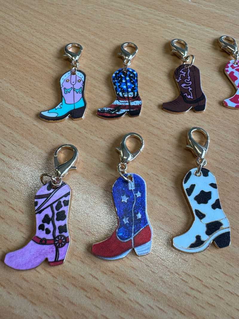 Load image into Gallery viewer, Mini clip-on cowboy boot keyrings in assorted colourful designs, shown upright
