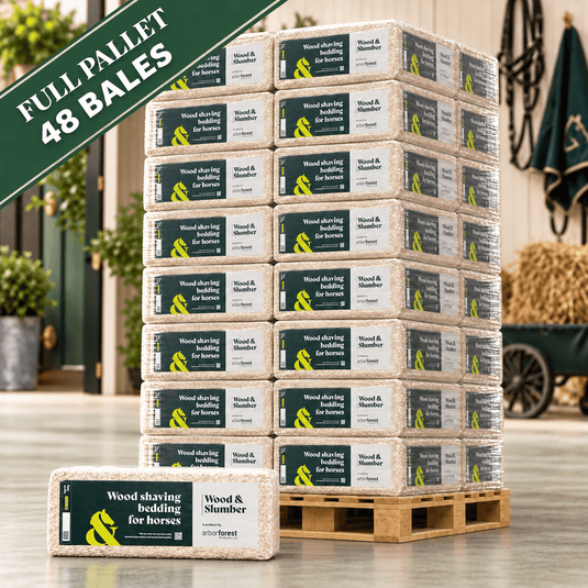 Wood & Slumber Wood Shavings 20kg – Full Pallet (48 Bales) - Ashurst Equestrian & Country